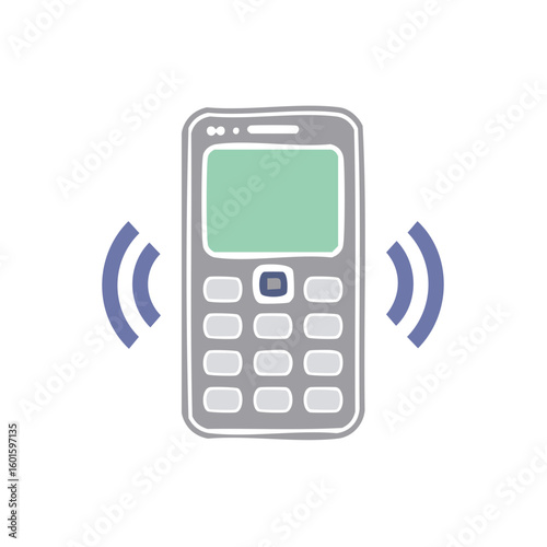 Old Cellular Phone with Ringing Signal. Mobile Phone Ringing, Gray Cellphone with a Green Screen