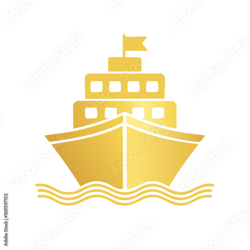 Golden cruise ship sailing on wavy water, vector travel icon for summer vacation and maritime transport
