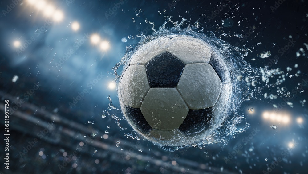 Naklejka premium A wet soccer ball in mid-air, surrounded by splashing water, set against a blurred stadium background under dramatic lighting
