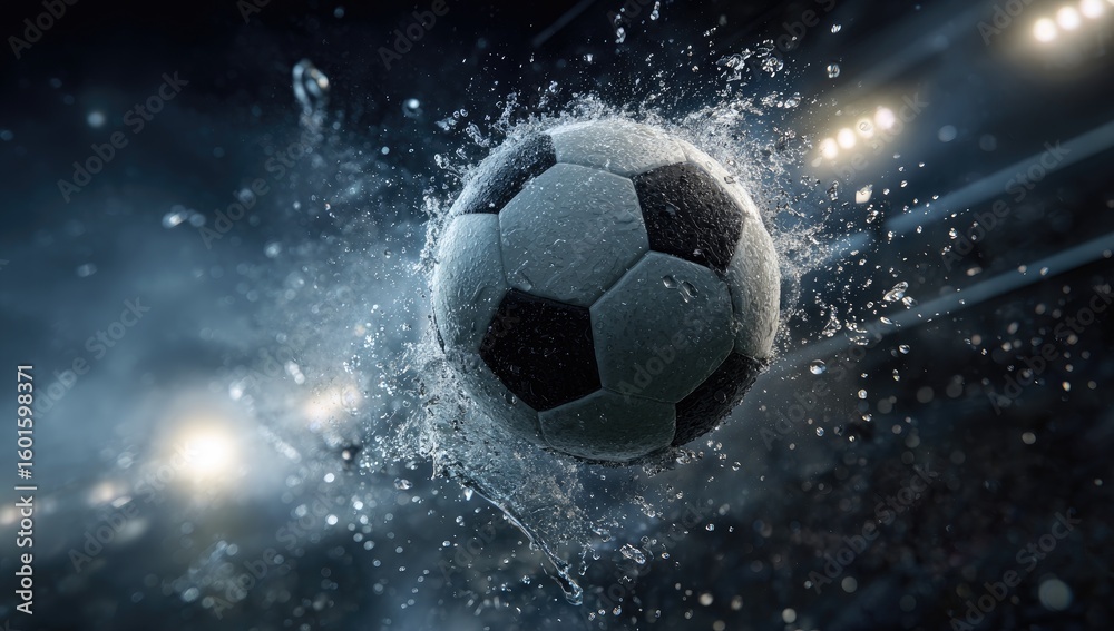 Fototapeta premium A wet soccer ball in mid-air, surrounded by splashing water, set against a blurred stadium background with bright lights (1)