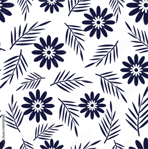 Seamless pattern with stylized dark blue flowers and leaves scattered on a white background creating a floral design