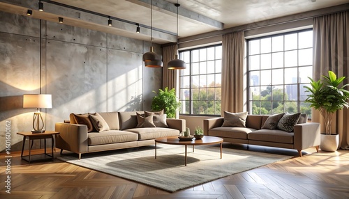 Living Room with Sofas  Rug  and City View Through Large Windows