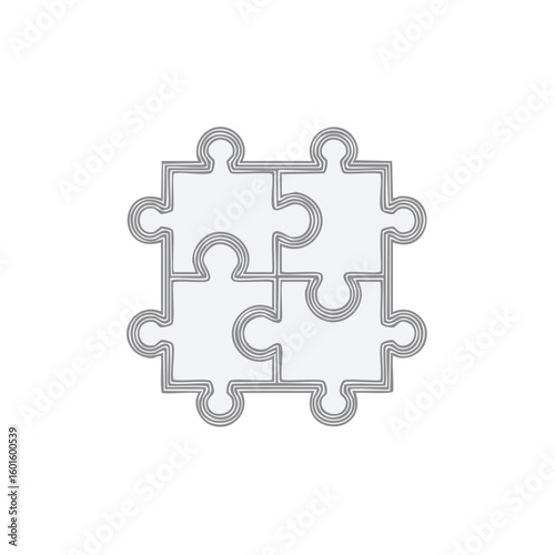 Four jigsaw puzzle pieces united, completing a square shape with connected segments, and solving the problem