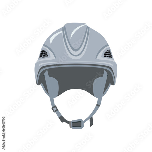 Grey sports safety helmet for riding, rock climbing, or rollerblading, with strap and buckle.