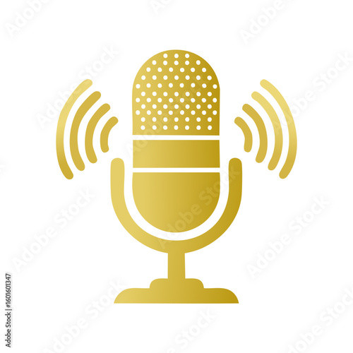 Golden Microphone Symbol with Sound Waves for Podcast and Audio Recording Broadcast Concept
