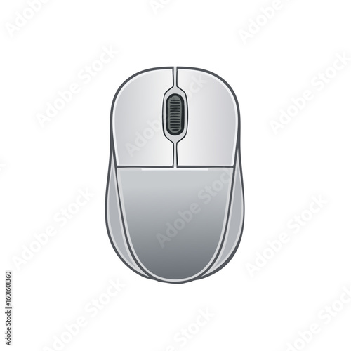 Illustration of a silver computer mouse with left and right buttons and a scroll wheel on the device