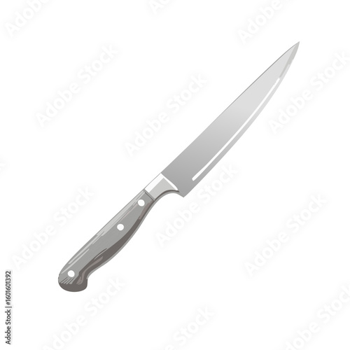 Steel Kitchen Knife Illustration on White. Cutlery tool for food preparation and cooking. Sharp metal blade and wooden handle.