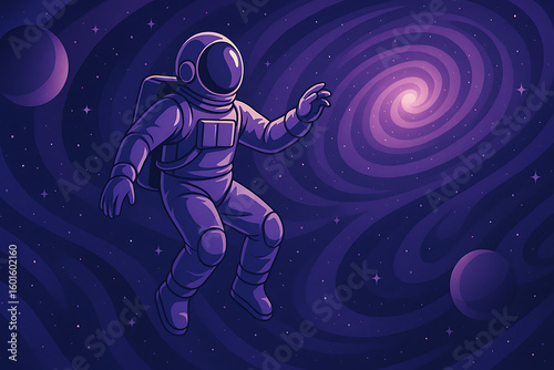 Astronaut floating in deep space galaxy illustration with planets and stars, cosmic digital artwork of outer space exploration, glowing purple universe background, futuristic sci fi spacewalk environm