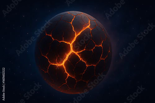 Cracked molten planet glowing with fiery lava fissures in deep outer space, apocalyptic celestial body with volcanic fractures, cosmic explosion concept, sci-fi background of space destruction

