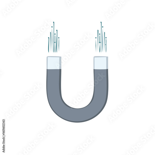 Cartoon horseshoe magnet pulls metal filings, showcasing magnetic force field and attraction