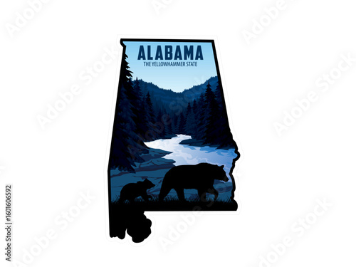 Alabama vector sticker with black bear family and Little River Canyon National Preserve