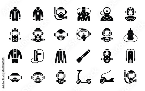 Collection of 24 black vector icons for scuba diving and underwater exploration diving equipment