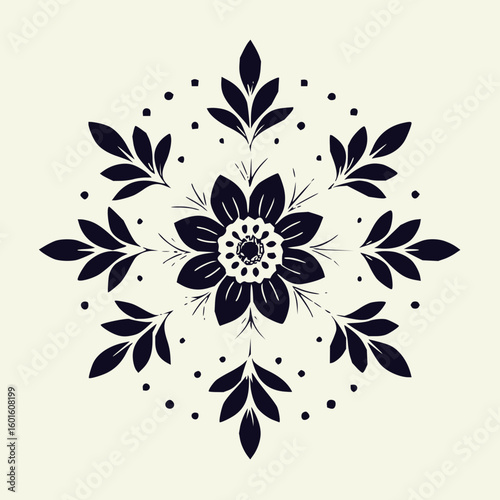 A symmetrical floral design with dark petals leaves and dots arranged in a circular pattern art