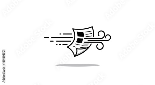Stylized Paper Sheet Flying with Wind, Black and White Icon