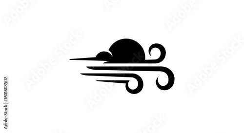 Stylized Black Wind Icon with Cloud and Swirling Air Currents