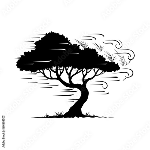 Stylized Black Tree Silhouette with Wind Effect and Grass Detail