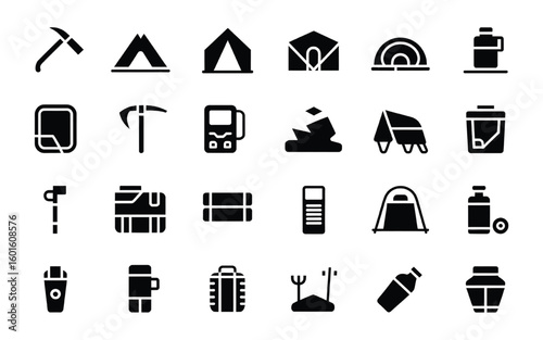 Set of 24 black vector icons for camping and mountaineering