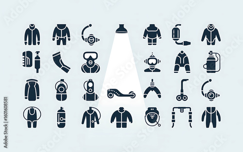Deep black vector icons of diving equipment and suits diving suit scuba gear