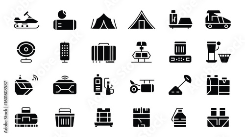 Set of 24 deep black vector icons of vehicles and objects snowmobile person