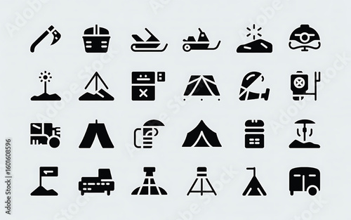 Set of 24 black vector icons for camping and outdoor activities adventure travel