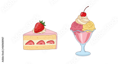 Sweet Treats: Strawberry Cake and Ice Cream Sundae Illustration