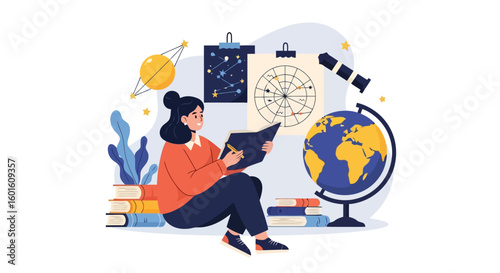 Celestial Study: Woman Reading About Astronomy