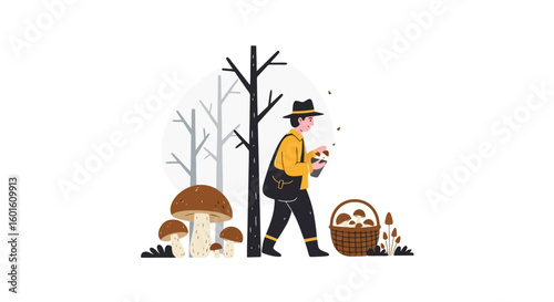 Illustrated Mushroom Forager in Autumn Woods