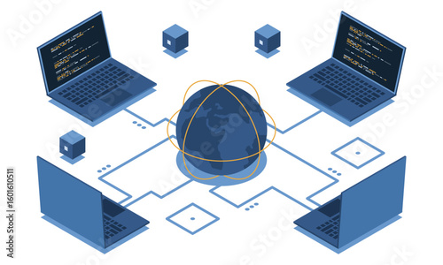 Isometric laptop connected with globe. Global communication internet network. Storage and communication technology. Isometric technology