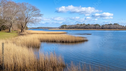 Tranquil river scene with golden reeds