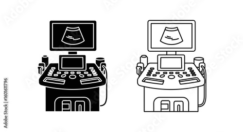 Two ultrasound machines one in solid black and one in outline illustration