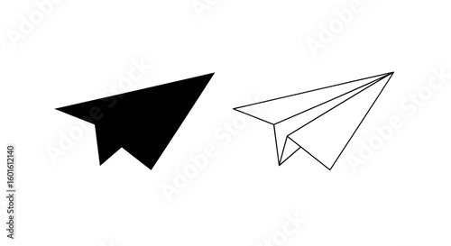 Two paper airplanes one solid black and one outlined on a white background