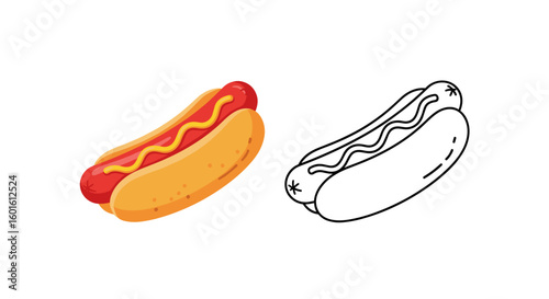 Illustration of a hotdog with mustard and a line drawing of a hotdog next to it