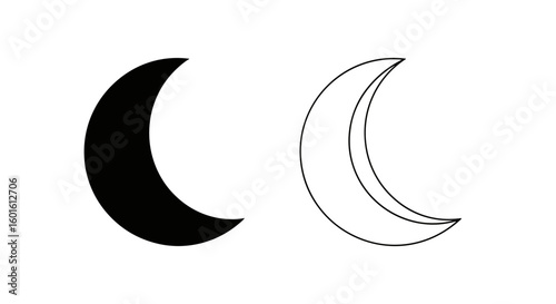 Illustration of a solid black crescent moon and an outlined crescent moon shape