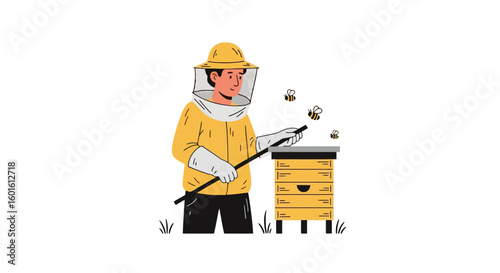 Beekeeper Inspecting Hive - Illustrated Apiary Scene