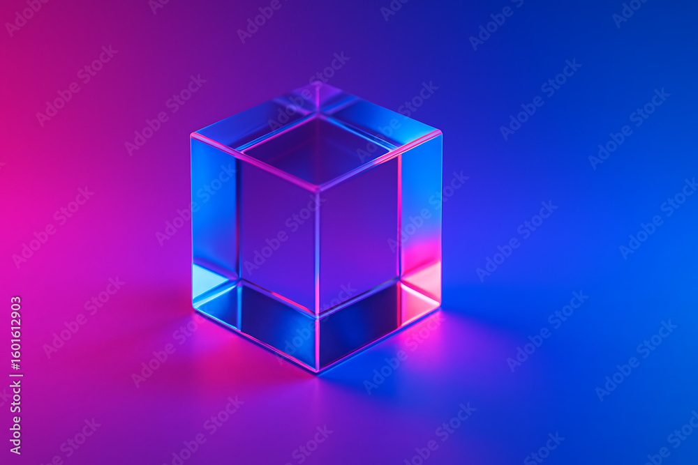 Glass cube glowing in neon pink and blue light, futuristic transparent geometric shape on gradient background, abstract modern minimal object, holographic illumination, 3d prism artistic design concep Glass cube glowing in neon pink and blue light, futuristic transparent geometric shape on gradient background, abstract modern minimal object, holographic illumination, 3d prism artistic design concep