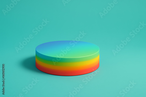 Colorful round platform with rainbow gradient layers on turquoise background, abstract minimal product display podium, vibrant multicolored stage mockup for design, modern geometric branding scene

