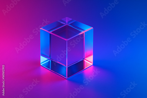 Glass cube glowing in neon pink and blue light, futuristic transparent geometric shape on gradient background, abstract modern minimal object, holographic illumination, 3d prism artistic design concep