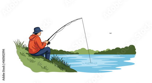 Angler's Serenity: A Lakeside Fishing Illustration