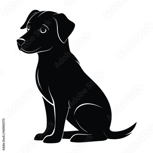 a lonely dog sitting quietly and looking into the distance. Pure black vector illustration showing a dog sitting alone with head slightly tilted, capturing a calm or sad mood. Isolated on a white back