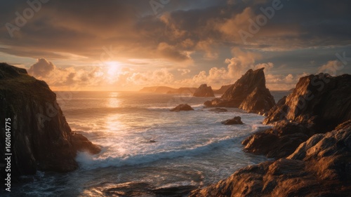 Dramatic coastal sunset over rocky shoreline. AI image