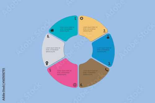 6 Step Circular Infographic Diagram – Colorful Vector Design with Icons and Numbered Sections for Workflow, Presentation, Business Planning, and Data Visualization Purposes