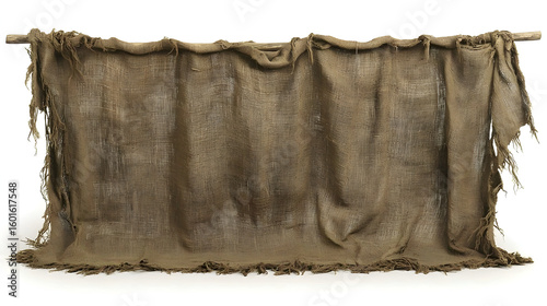 Rustic burlap curtain backdrop; simple, textured fabric hanging from a wooden rod against a white background; ideal for rustic or historical settings