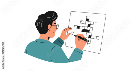 Focused Man Solving a Crossword Puzzle