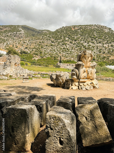 Ancient ruins in a mountainous landscape featuring carved stone structures