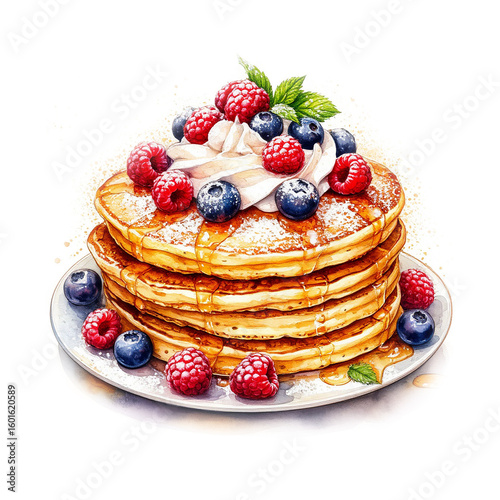Delicious fluffy pancakes with cream and ripe berries Digital illustration. Classic breakfast pastries, isolated on a white background. For menus, recipes, cooking theme, cafes and restaurants