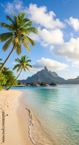 A serene tropical beach with swaying palm trees, crystal-clear turquoise water, and a majestic volcanic mountain in the background.