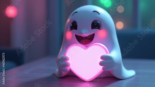 Cute ghost holding glowing heart