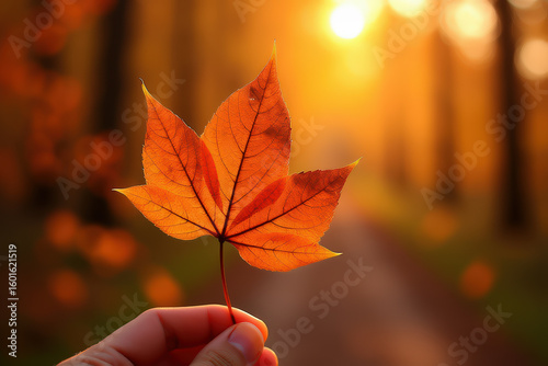 Hand holding autumn leaf in sunlight