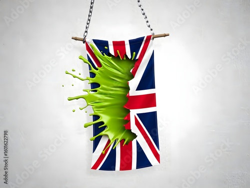 Union jack flag with green paint splatter, british flag art, uk culture, great britain