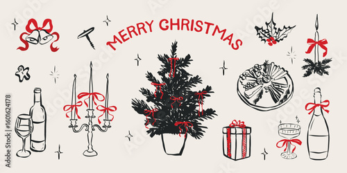 Whimsical chalk doodles of Christmas party. Quirky icons of breakfast and dinner meals in crayon style. Crayon drawing for menus and invitations. La dolce vita italian vector illustration